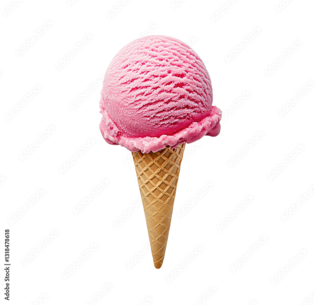 Pink ice cream scoop on cone, studio shot, simple background. Possible use Dessert, food, refreshment Pink ice cream scoop on cone, studio shot, simple background. Possible use Dessert, food, refreshment