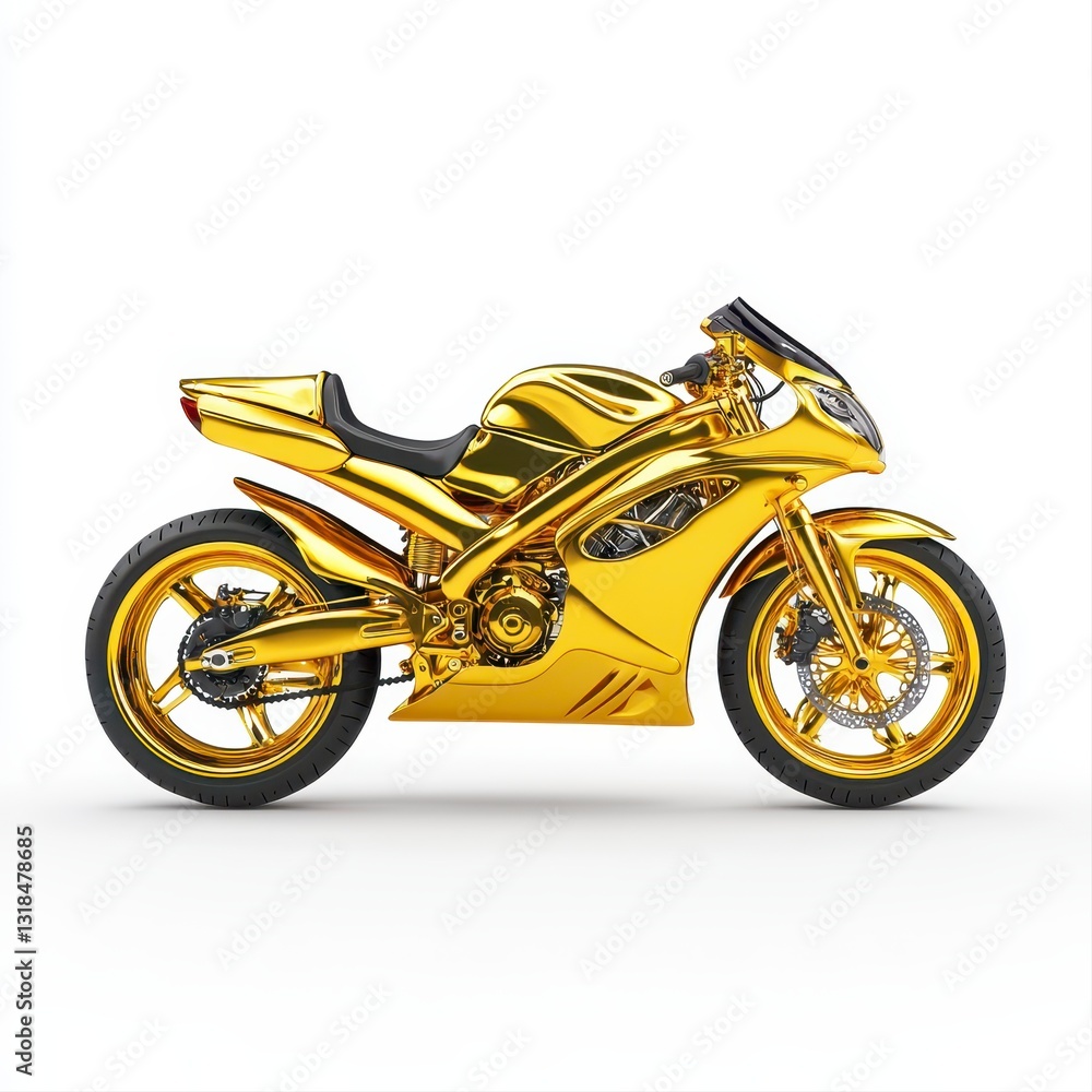 Fototapeta premium Striking gold motorcycle on a clean white background showcasing its sleek design and low seat profile in detail
