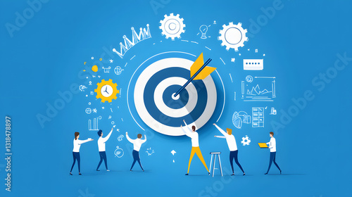 
A business success infographic featuring a bullseye with an arrow hitting the center, team members working around it, symbols of planning and progress like gears, social network concept illustration