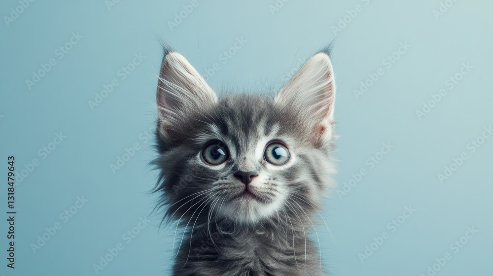 Adorable gray kitten with big blue eyes on teal background Adorable gray kitten with big blue eyes on teal background