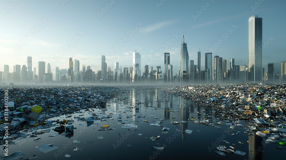 Obraz premium Visually striking concept art depicting a futuristic dystopian city skyline overwhelmed by environmental pollution and waste