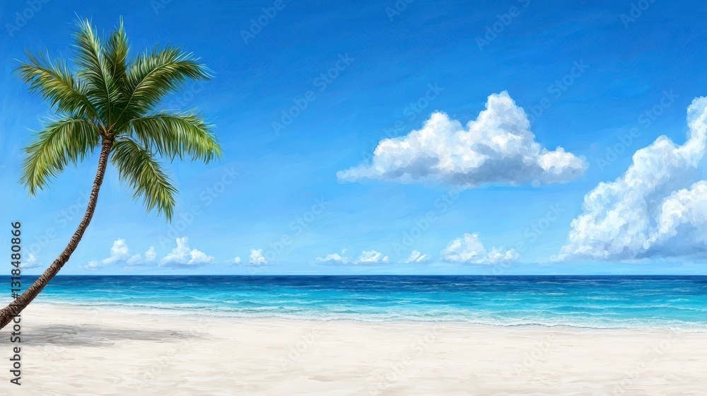 Artistic representation of a serene palm tree standing gracefully on a scenic beach with ocean waves in the background Artistic representation of a serene palm tree standing gracefully on a scenic beach with ocean waves in the background