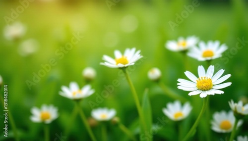 Small white flowers with yellow centers in a field, rainfarn, field flora, herbage