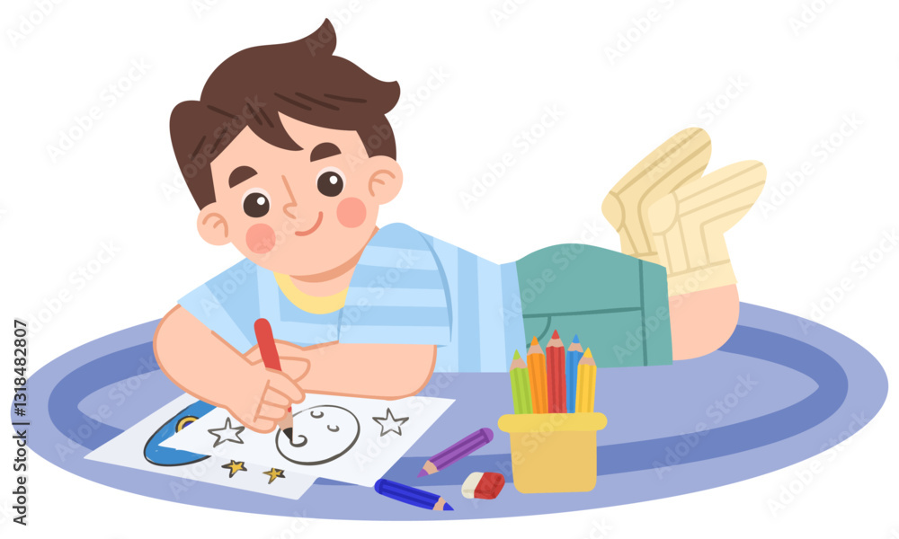 Illustration of Boy Drawing on the Floor with Crayons Illustration of Boy Drawing on the Floor with Crayons