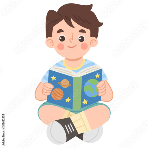 Illustration of a Boy Reading a Book About Space