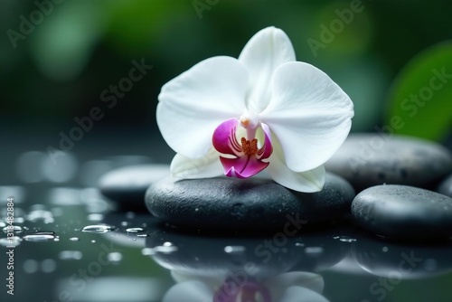 Exotic white orchid petals surround smooth gray stones on a misty wet surface, Orchids, Bloom