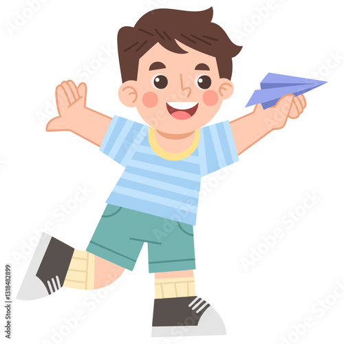 Illustration of Playful Boy with Paper Airplane