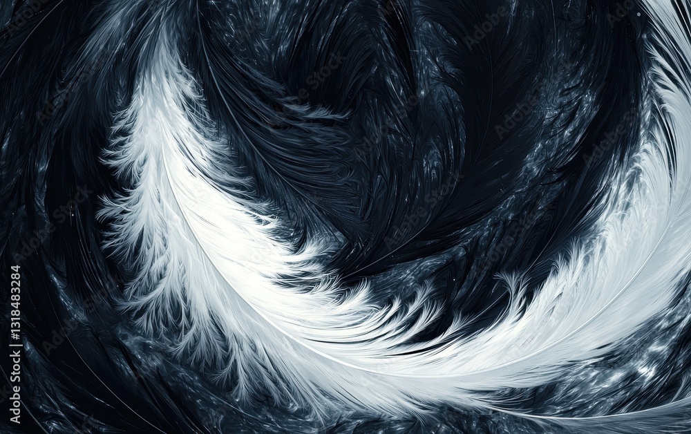 Fototapeta premium Floating black and white feathers intertwining on a yin-yang energy background
