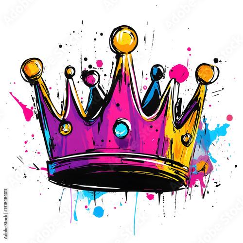 Vibrant Graffiti-Style Crown on White Background:Urban Royalty Doodle