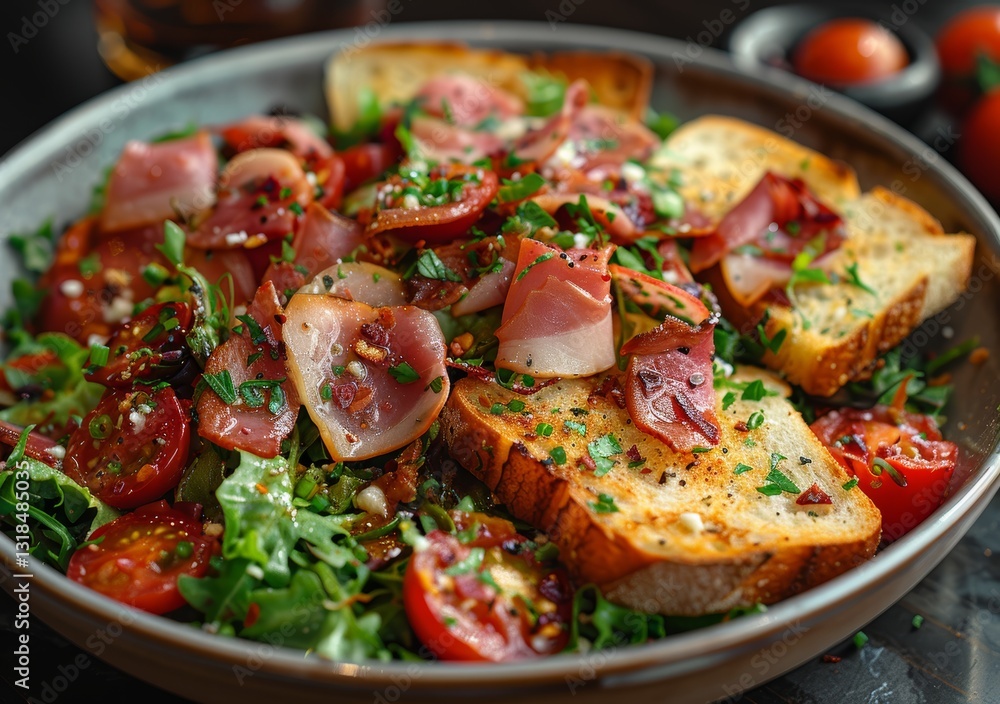 Delicious Green Salad with Cured Ham and Fresh Tomatoes and Roasted Goat Cheese Toast Delicious Green Salad with Cured Ham and Fresh Tomatoes and Roasted Goat Cheese Toast
