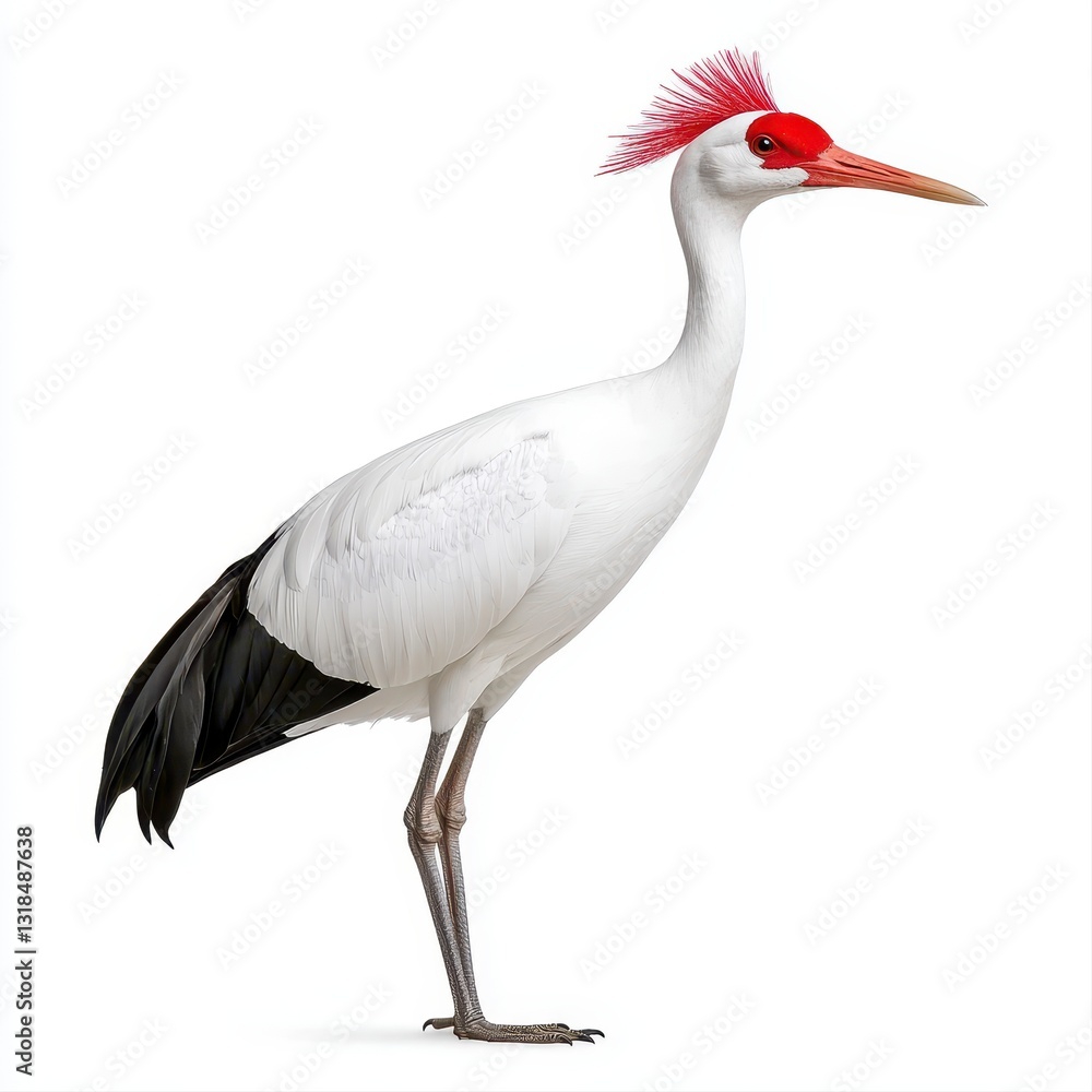 Fototapeta premium Majestic white crane with a stunning red head displaying graceful beauty against an isolated white background