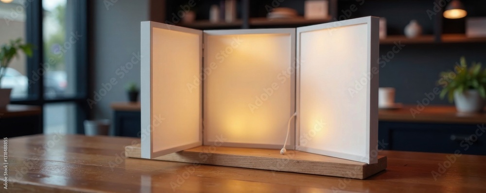 Business trifold display stand with LED lightbox and wooden base, wooden, LED, stand Business trifold display stand with LED lightbox and wooden base, wooden, LED, stand