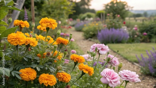 A vibrant garden path lined with blooming marigolds and delicate pink flowers, showcasing the beauty of nature's colorful tapestry.
