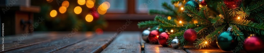 Evergreen tree with sparkling lights and colorful baubles on a festive table, christmas tree, festive table, evergreen Evergreen tree with sparkling lights and colorful baubles on a festive table, christmas tree, festive table, evergreen