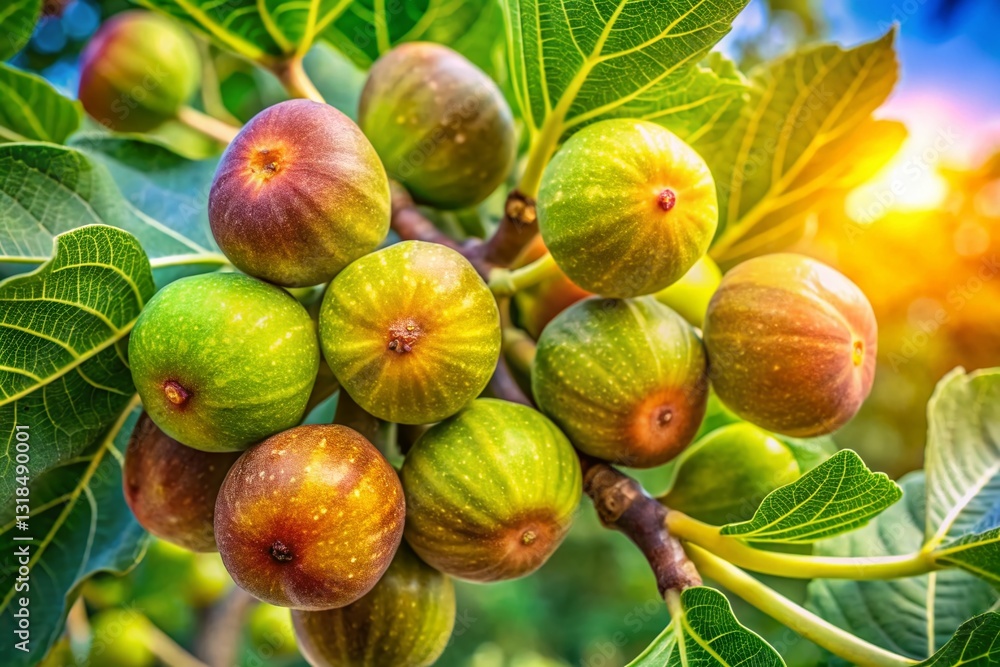 Panoramic View of Unripe Brown Turkey Figs on Branch Panoramic View of Unripe Brown Turkey Figs on Branch