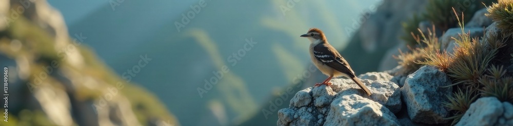 Obraz premium Feathered bird perched on a rocky cliff, sky, birds, horizon