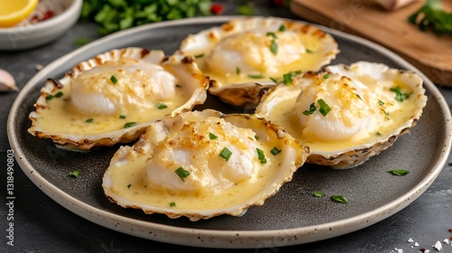 Grilled scallops in shells with creamy sauce.