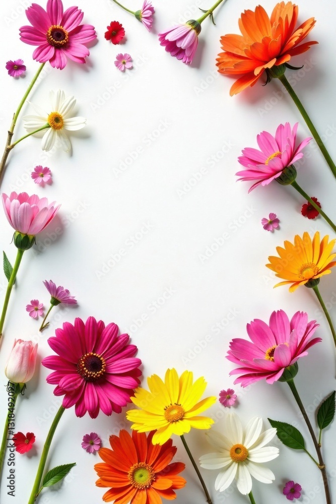 Floral arrangement with mixed flowers on white background, garden fresh, petals Floral arrangement with mixed flowers on white background, garden fresh, petals