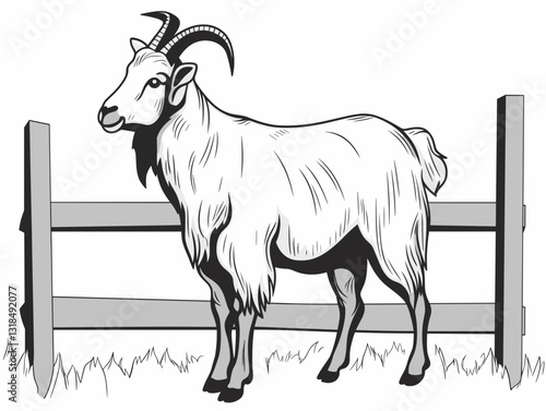 Charming sketch of a standing goat in a grassy area, showcasing rural life in a detailed monochrome style with copy space