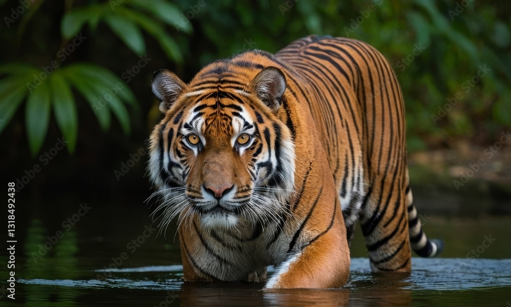 Fototapeta premium Magnificent Sumatran Tiger Prowls Through Water, A Captivating Wildlife Portrait