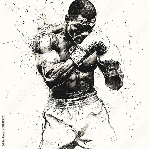 Dynamic sketch of a boxer in a fighting stance, showcasing strength and determination in a monochrome style with copy space
