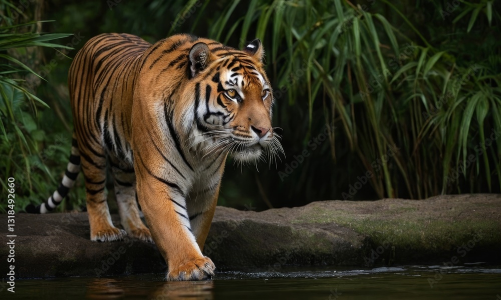 Fototapeta premium Majestic Bengal Tiger Strolling near Water Source in Lush Green Habitat
