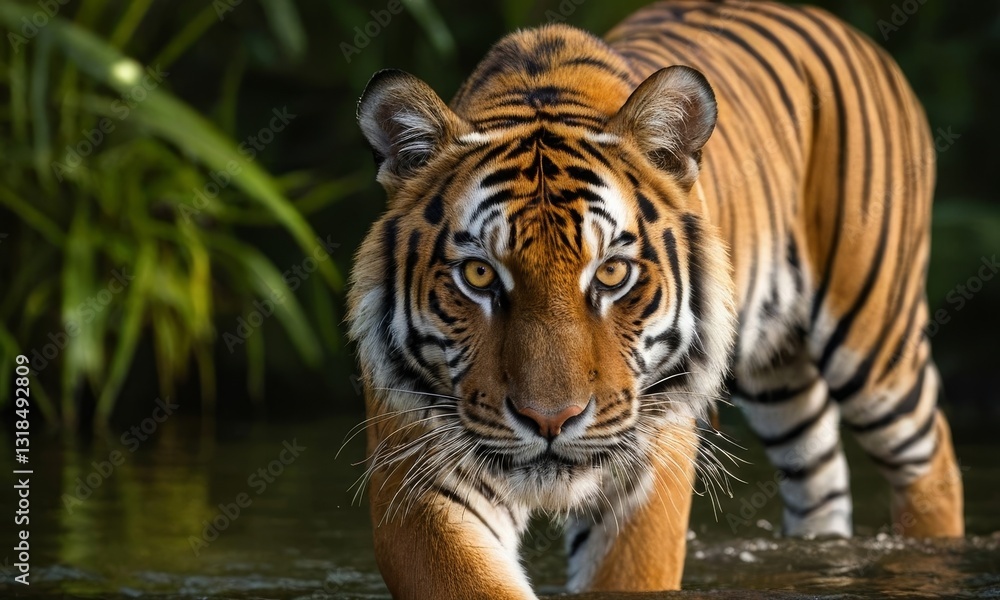 Obraz premium Magnificent Bengal Tiger Strolling in Water, Close-up Portrait in Jungle