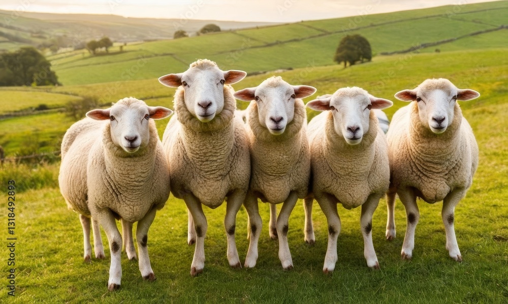 Fototapeta premium Five Curious Sheep Staring at the Camera on a Sunny Green Pasture