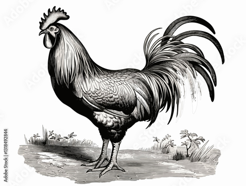Detailed sketch of a standing hen in a natural setting, showcasing farm life in a monochrome style with copy space