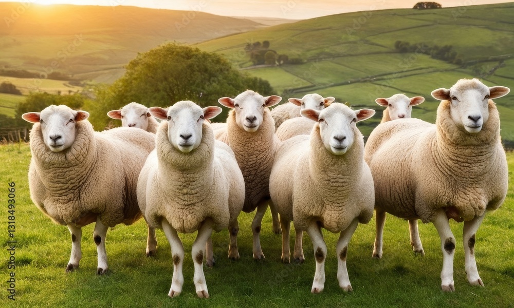 Fototapeta premium A charming gathering of sheep grazing peacefully in a serene countryside setting