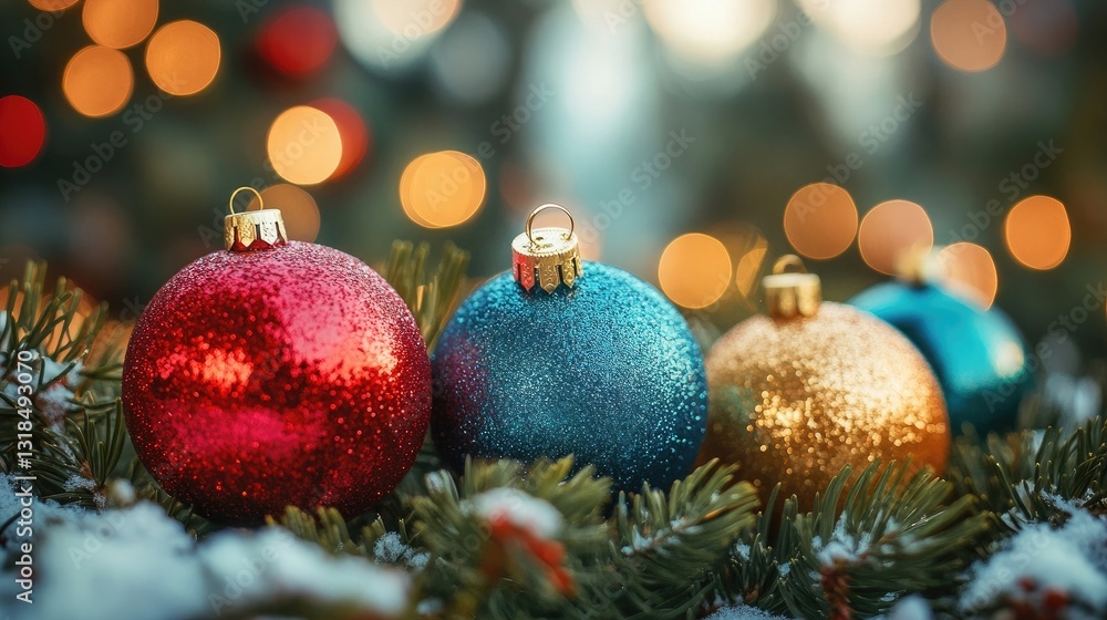 Sparkling Christmas ornaments in red, teal, and gold rest on a snowy evergreen branch, illuminated by warm bokeh lights. Sparkling Christmas ornaments in red, teal, and gold rest on a snowy evergreen branch, illuminated by warm bokeh lights.
