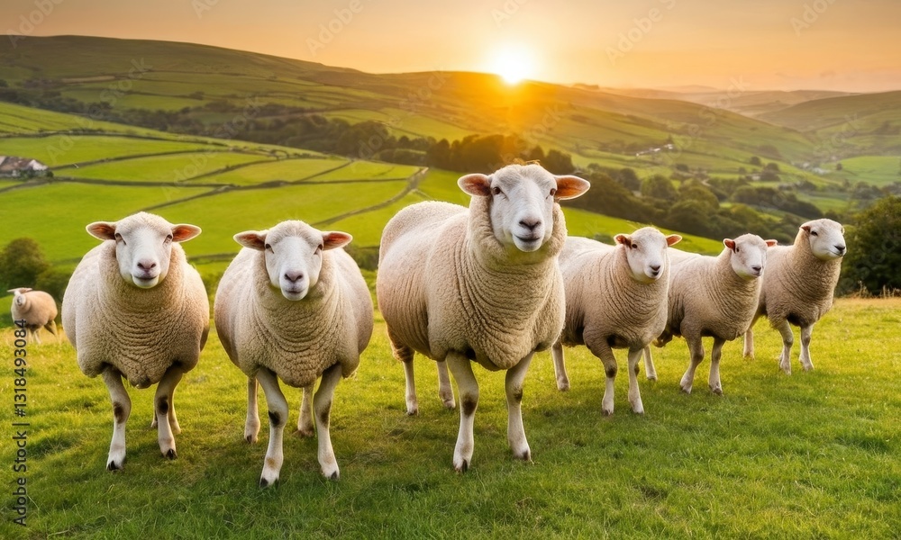 Naklejka premium A Picturesque Meadow Scene with a Charming Flock of Sheep at Sunset