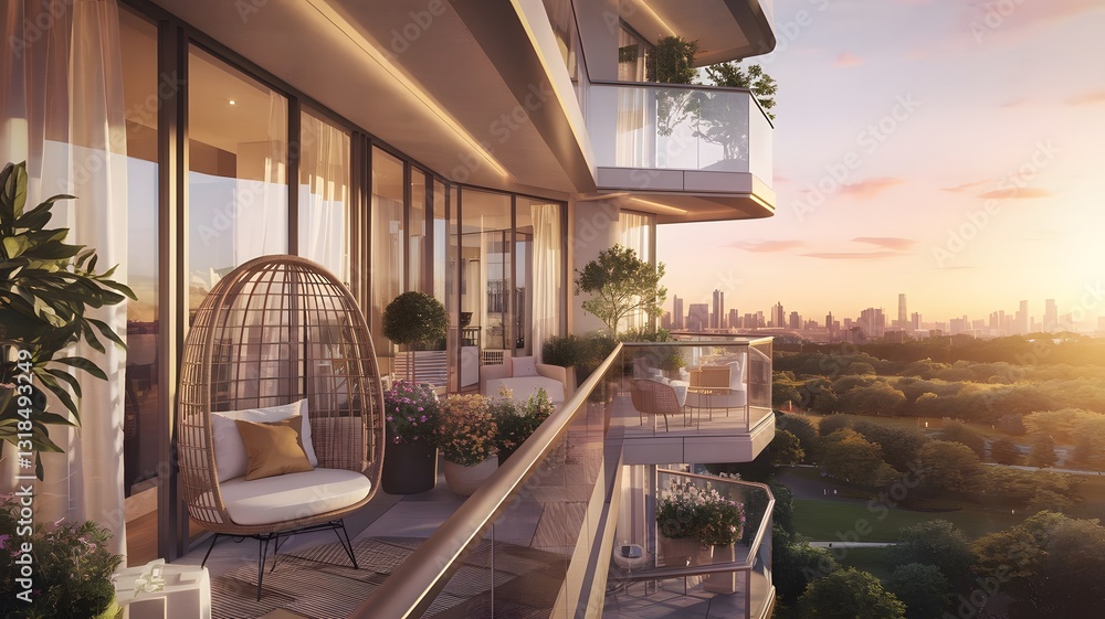 Fototapeta premium Cozy balcony at sunset with potted plants and a chair