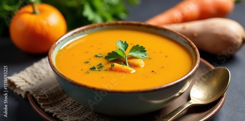Creamy sweet potato soup with carrot and ginger, orange, sweet potato
