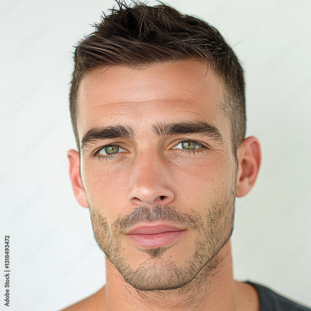 Obraz premium Handsome Man with Harmonious Facial Features and Masculine Short Hair against White Background
