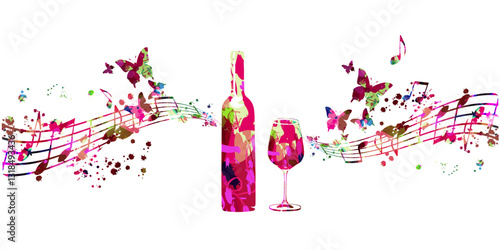 Beautiful wine glass with bottle, grapes and musical notes staff isolated. Alcoholic beverage, liquor for celebrations and special occasions. Vino fairs and degustation events. Vector illustration