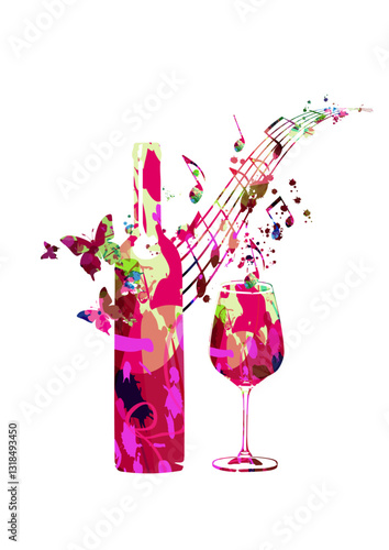 Beautiful wine glass with bottle, grapes and musical notes staff isolated. Alcoholic beverage, liquor for celebrations and special occasions. Vino fairs and degustation events. Vector illustration