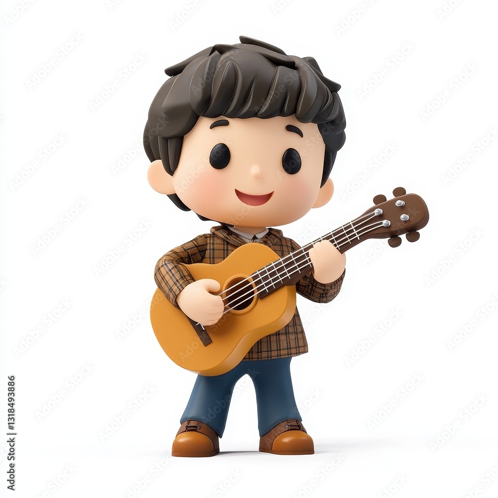 Tiny musician playing a guitar, isolated on clear white background Tiny musician playing a guitar, isolated on clear white background