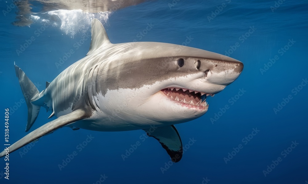 Naklejka premium Magnificent great white shark swimming gracefully beneath the ocean surface