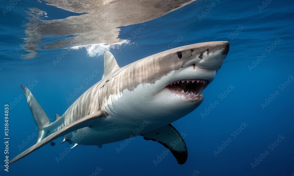 Fototapeta premium Majestic Great White Shark Ascends in Clear Blue Ocean Depths