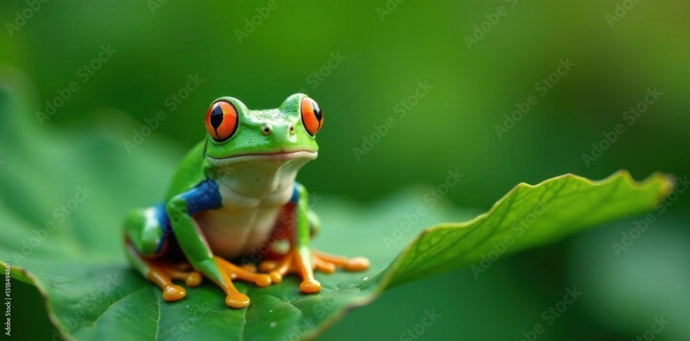 Obraz premium Frog sitting on a thick green leaf with a big grin, green, frog, thick