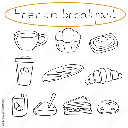 French breakfast doodle set, hand drawing, vector illustration