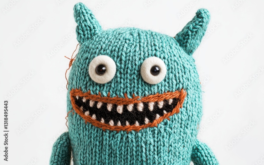 Adorable knitted monster with button eyes and stitched smile, isolated on a white background Adorable knitted monster with button eyes and stitched smile, isolated on a white background