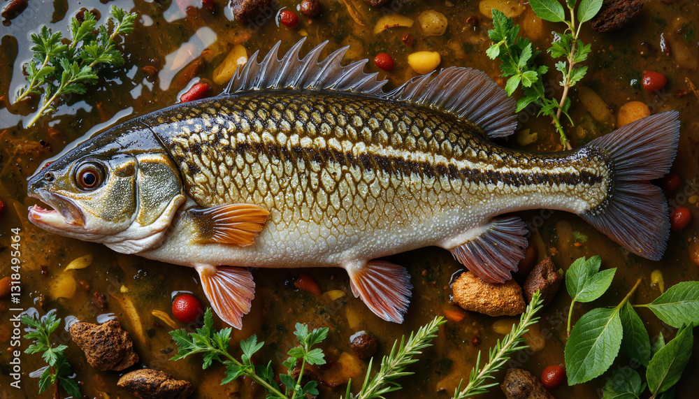 Barramundi fish resting amidst aquatic plants and rocks, freshwater realism Barramundi fish resting amidst aquatic plants and rocks, freshwater realism