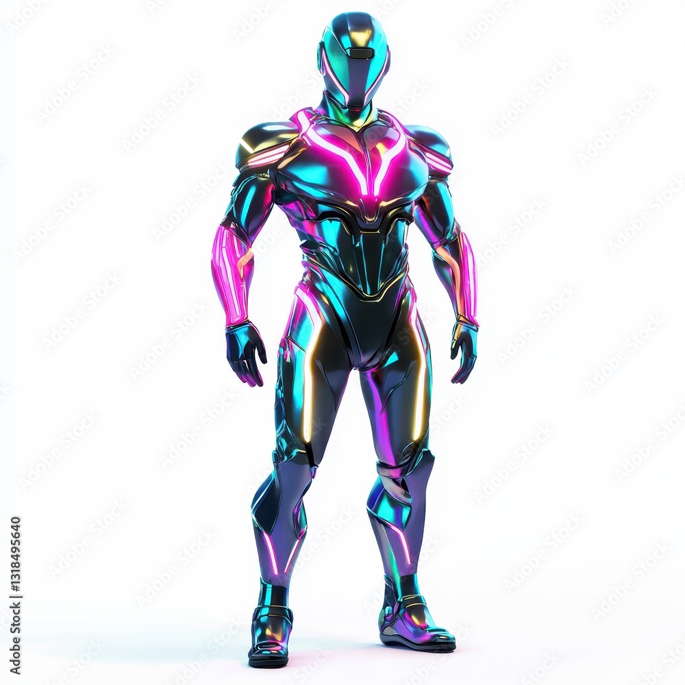 Futuristic Cyber Superhero with neon armor, isolated on clear white background Futuristic Cyber Superhero with neon armor, isolated on clear white background