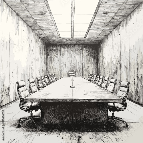 Elegant sketch of a formal boardroom with a long table and ornate chairs in a monochrome style with copy space