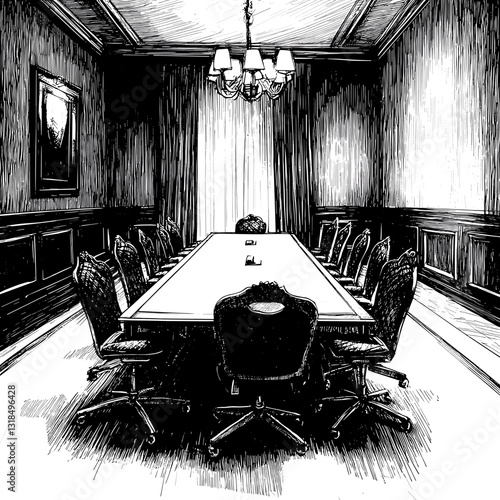 Elegant sketch of a formal boardroom with a long table and ornate chairs in a monochrome style with copy space
