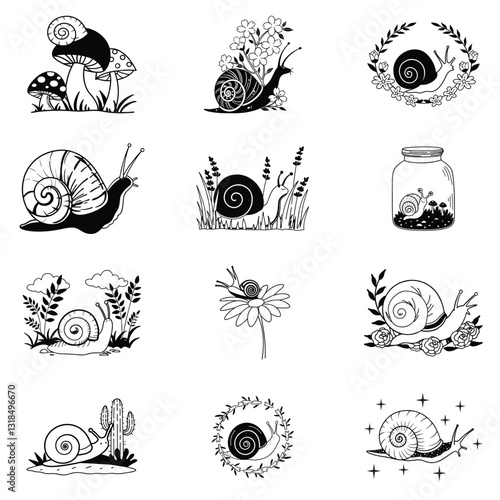 Collection of ‎Land snail with Nature scene Vector illustration, Snail animal clipart design