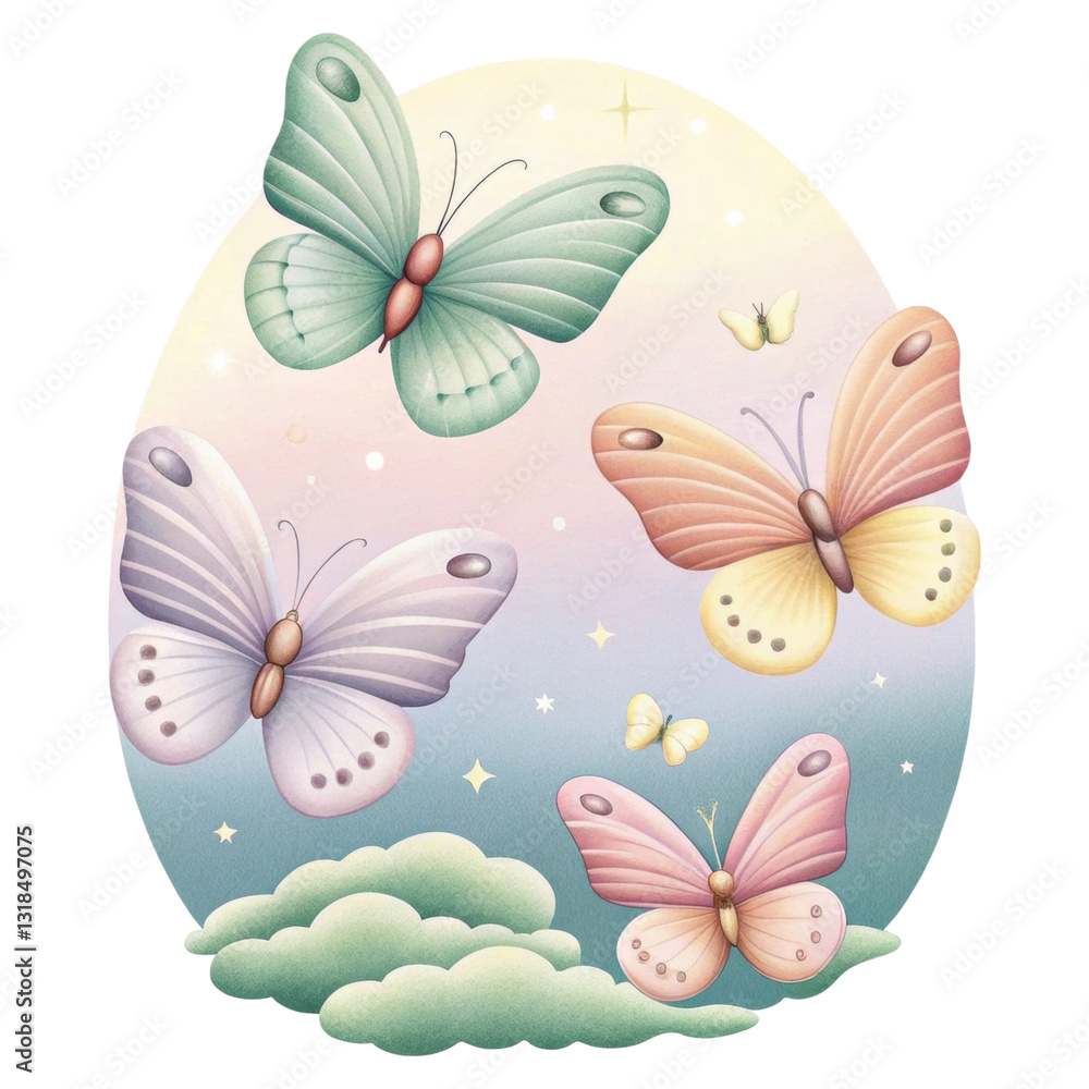 Colorful butterflies soaring in a pastel sky with clouds, creating a whimsical atmosphere. Easter watercolor pastel. Colorful butterflies soaring in a pastel sky with clouds, creating a whimsical atmosphere. Easter watercolor pastel.