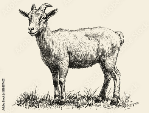 Charming sketch of a goat standing in a grassy area, showcasing rural life in a detailed monochrome style with copy space
